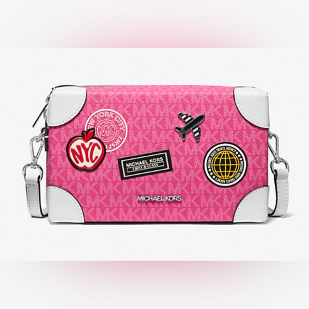 Michael Kors Jeanie Small EW Trunk Crossbody Travel Agency MK Logo Dragonfruit
